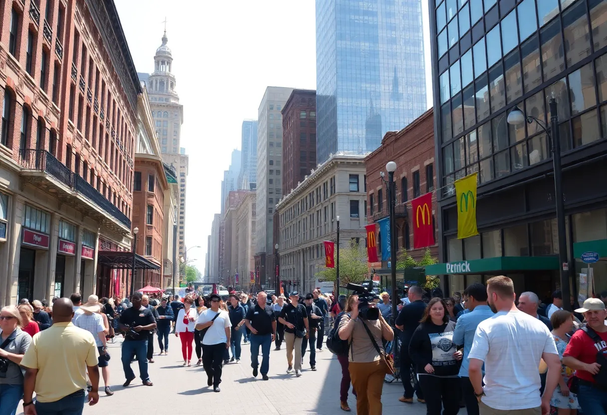 Vibrant street scene in Detroit showcasing film production