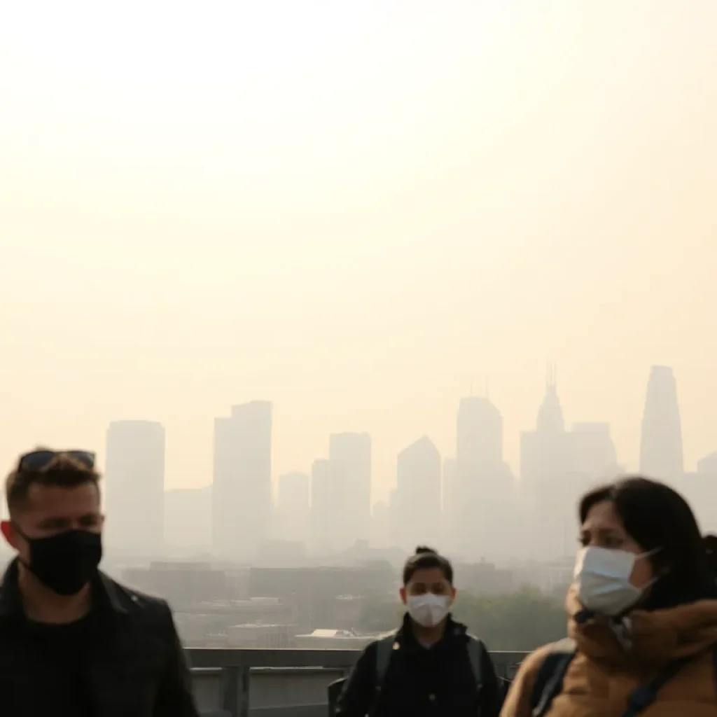 Detroit skyline with smoky air quality due to wildfires