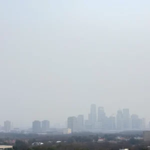 Detroit skyline obscured by wildfire smoke