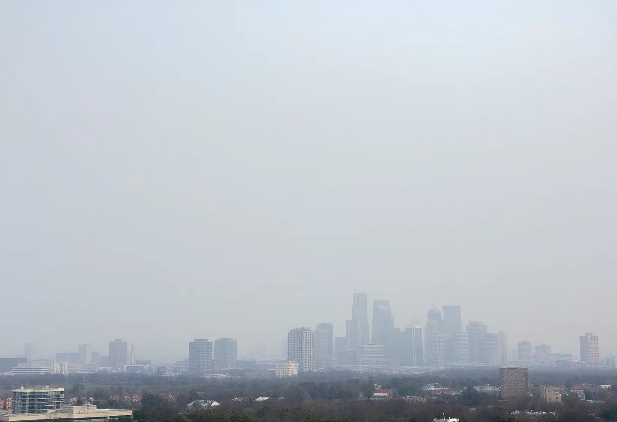 Detroit skyline obscured by wildfire smoke