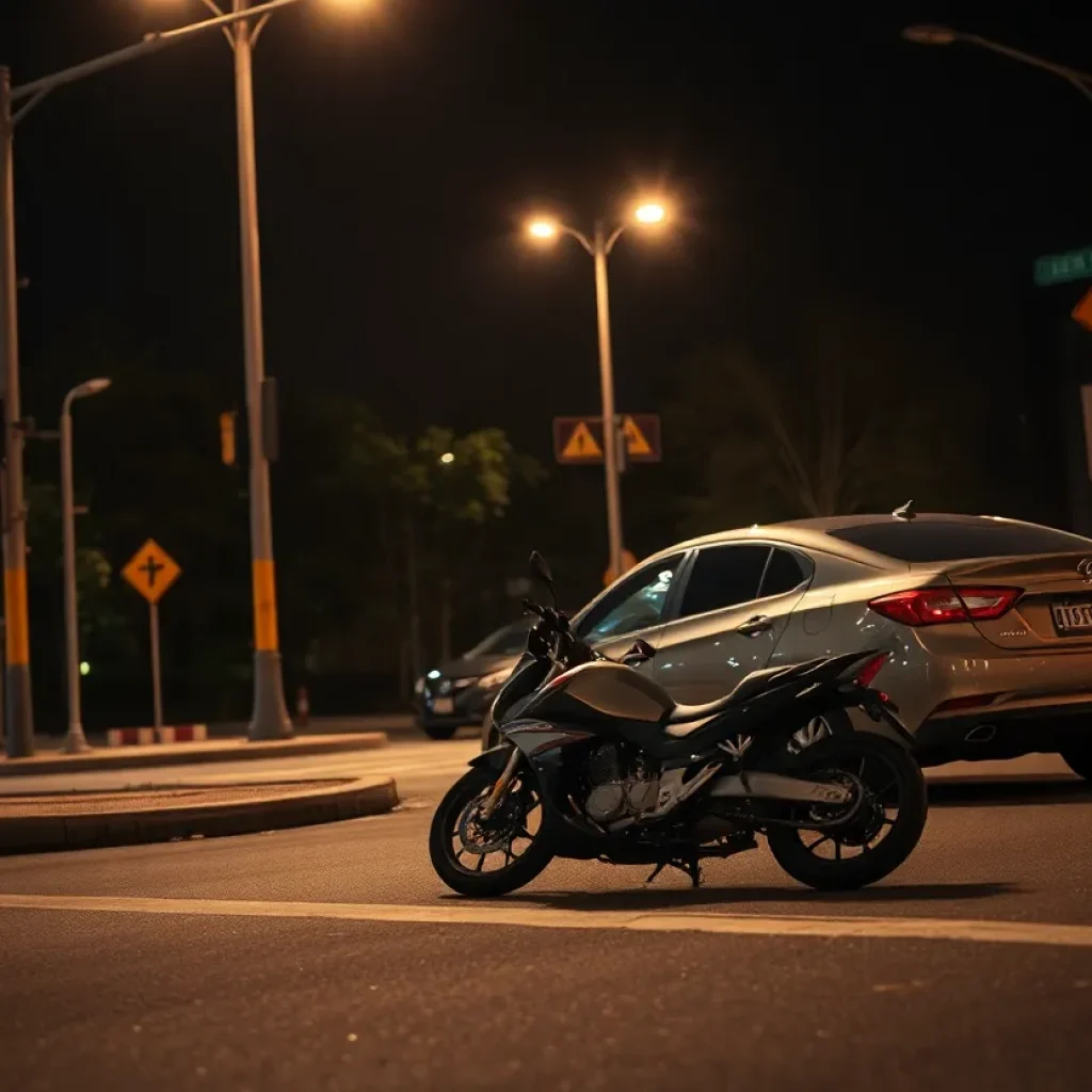 Scene of a hit-and-run incident with a motorcycle and a damaged car at an urban intersection.