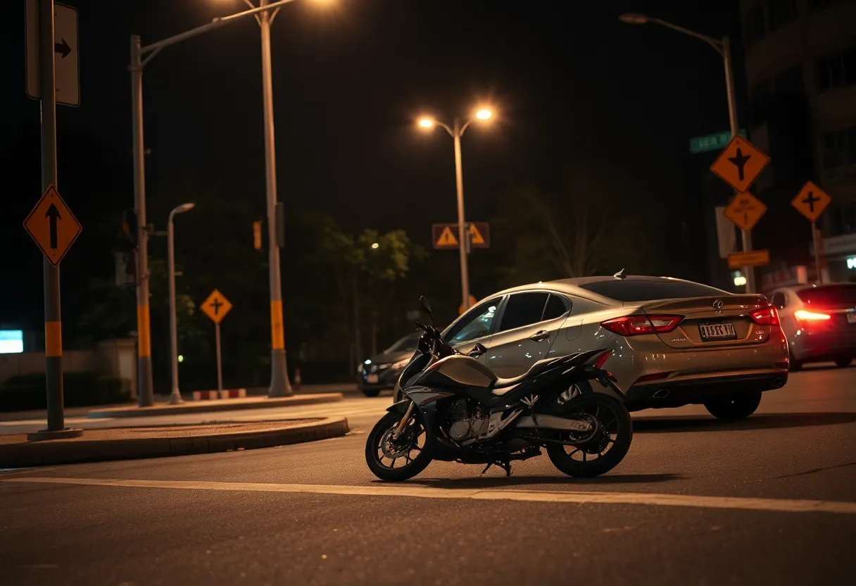 Scene of a hit-and-run incident with a motorcycle and a damaged car at an urban intersection.