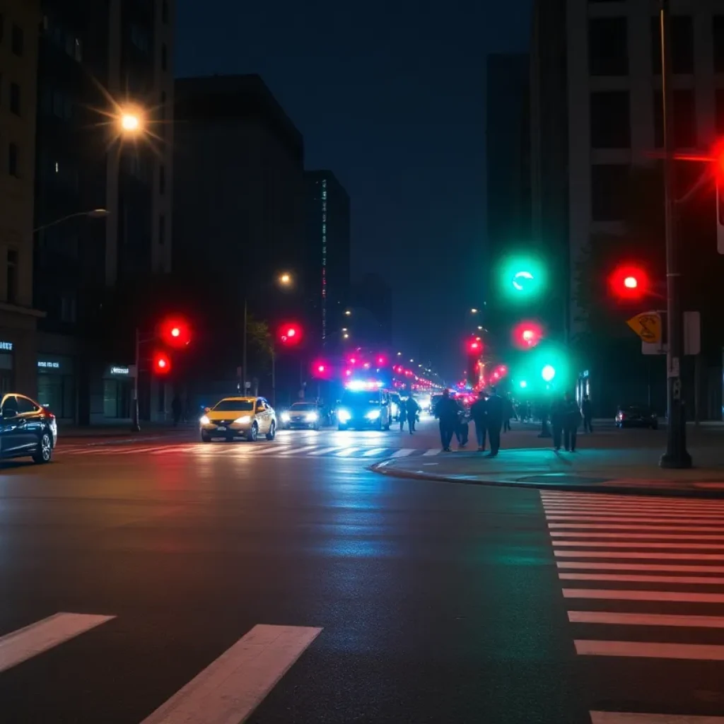 Nighttime urban intersection with emergency lights