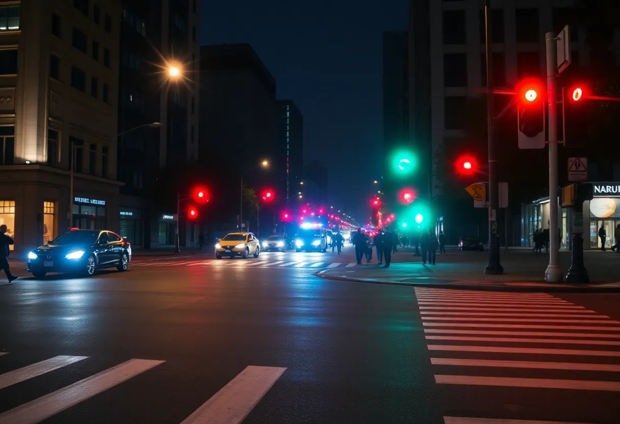 Nighttime urban intersection with emergency lights