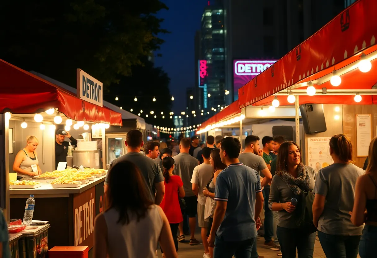 A bustling scene at the Detroit Hospitality Included Festival with food stalls and attendees.