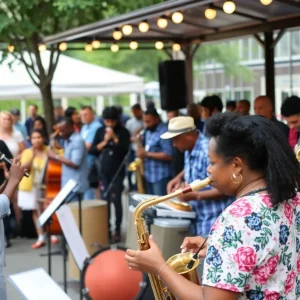 Musicians performing at the Detroit Jazz Festival in an outdoor setting.
