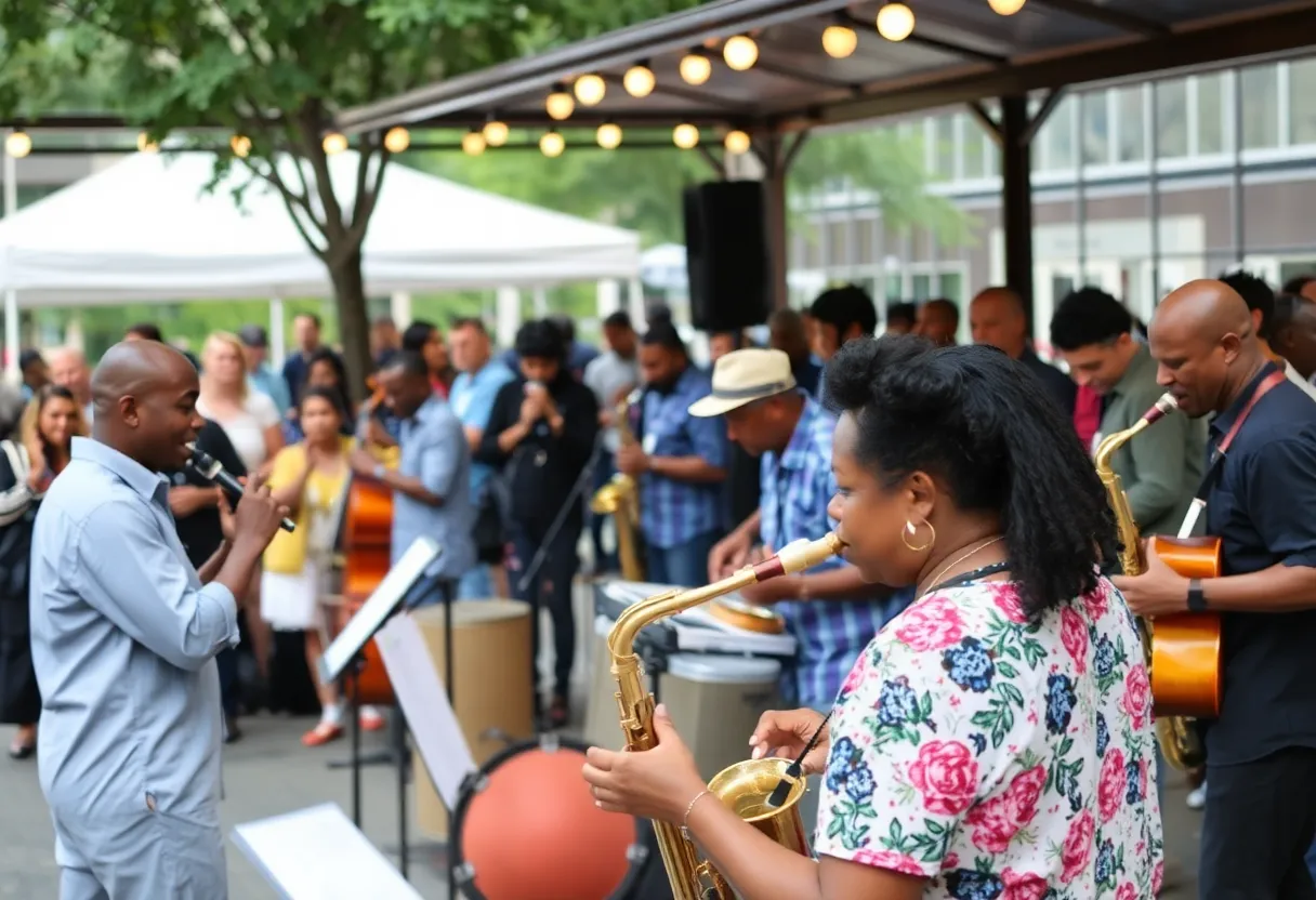 Musicians performing at the Detroit Jazz Festival in an outdoor setting.