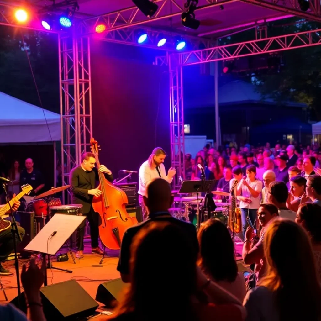 Musicians performing at the Detroit Jazz Festival with a lively crowd