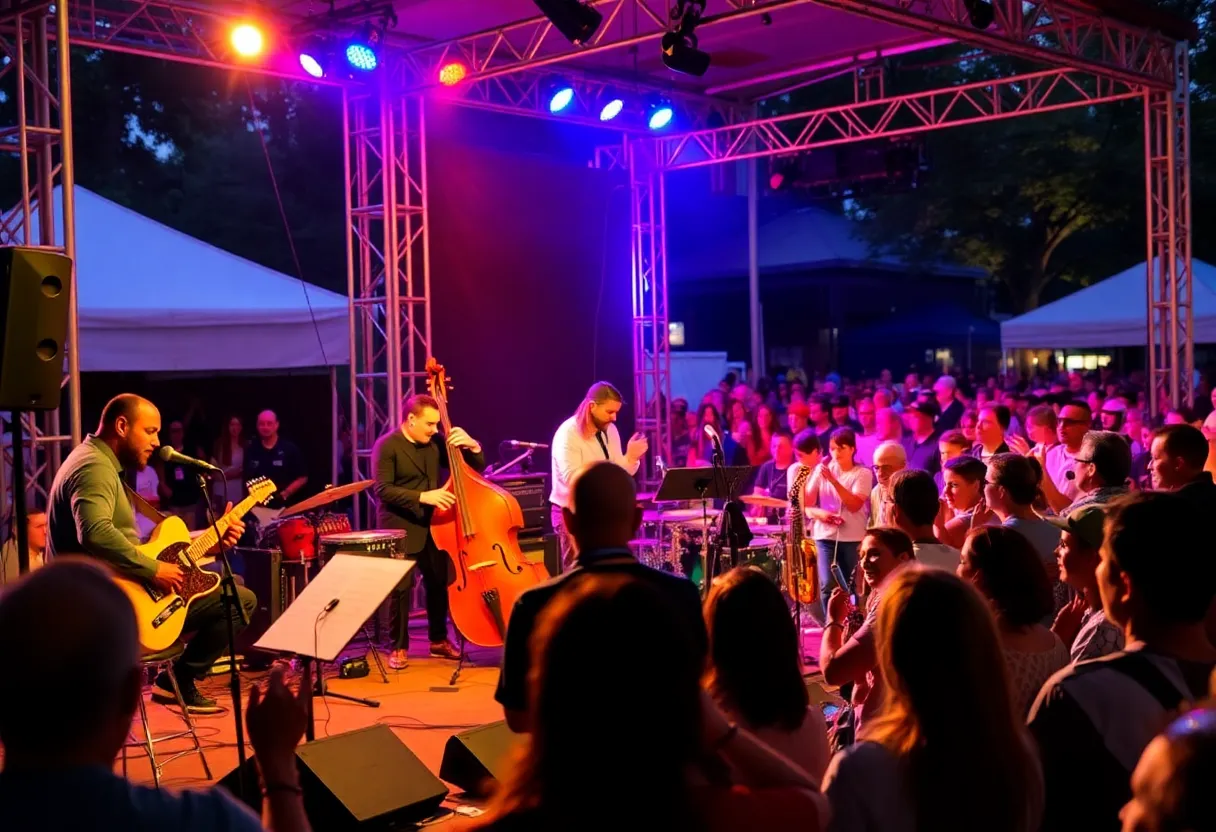 Musicians performing at the Detroit Jazz Festival with a lively crowd