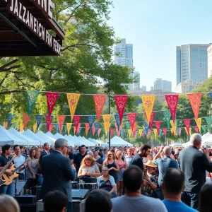 Scene from the Detroit Jazz Festival featuring musicians and audience