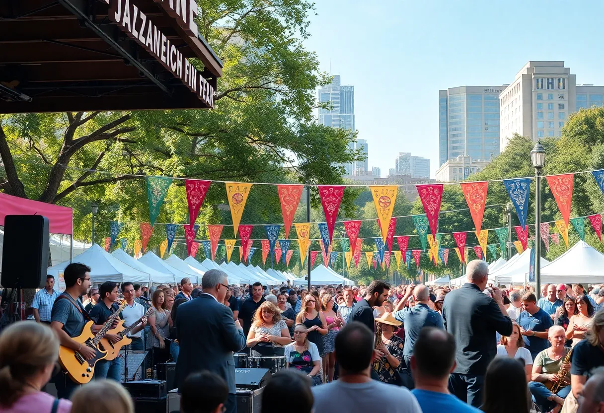 Scene from the Detroit Jazz Festival featuring musicians and audience