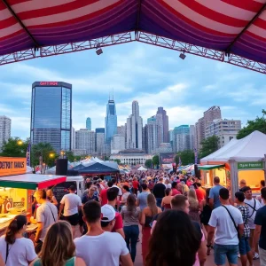 A lively scene from Detroit's Labor Day festival featuring music, food, and a city skyline.