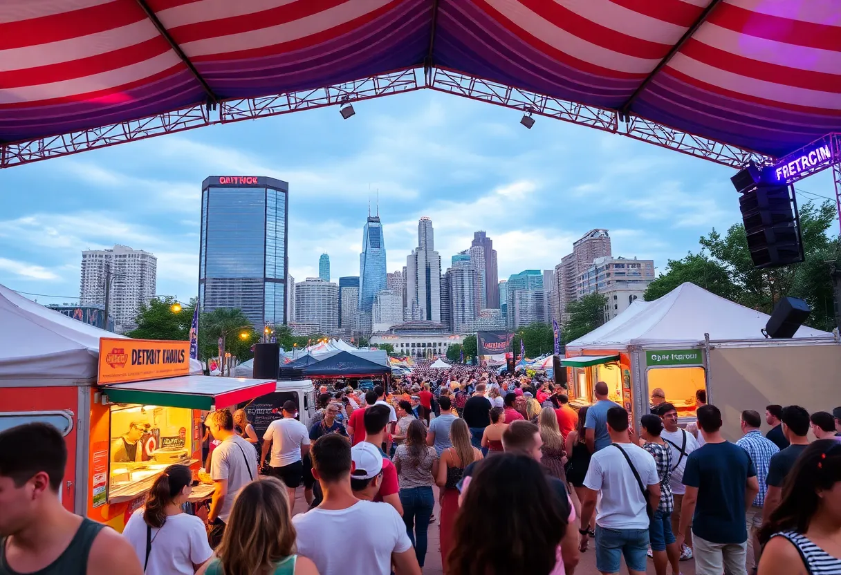 A lively scene from Detroit's Labor Day festival featuring music, food, and a city skyline.