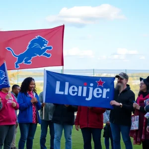 Community members holding collectible flags from the Detroit Lions and Meijer in a park