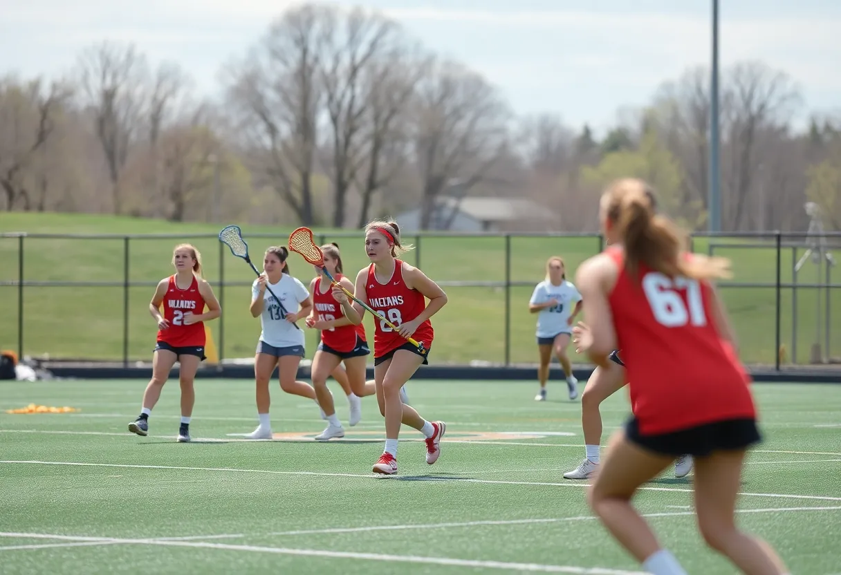 Women practicing lacrosse on the field