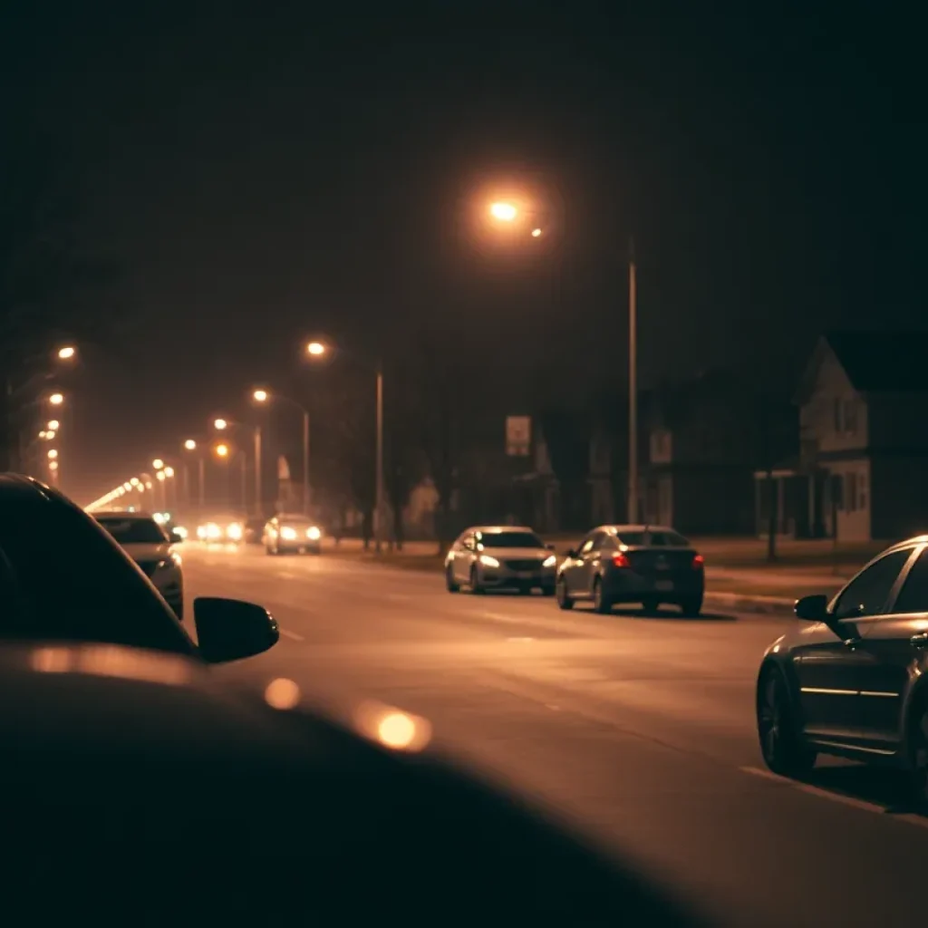 Street scene in Detroit with parked cars at night
