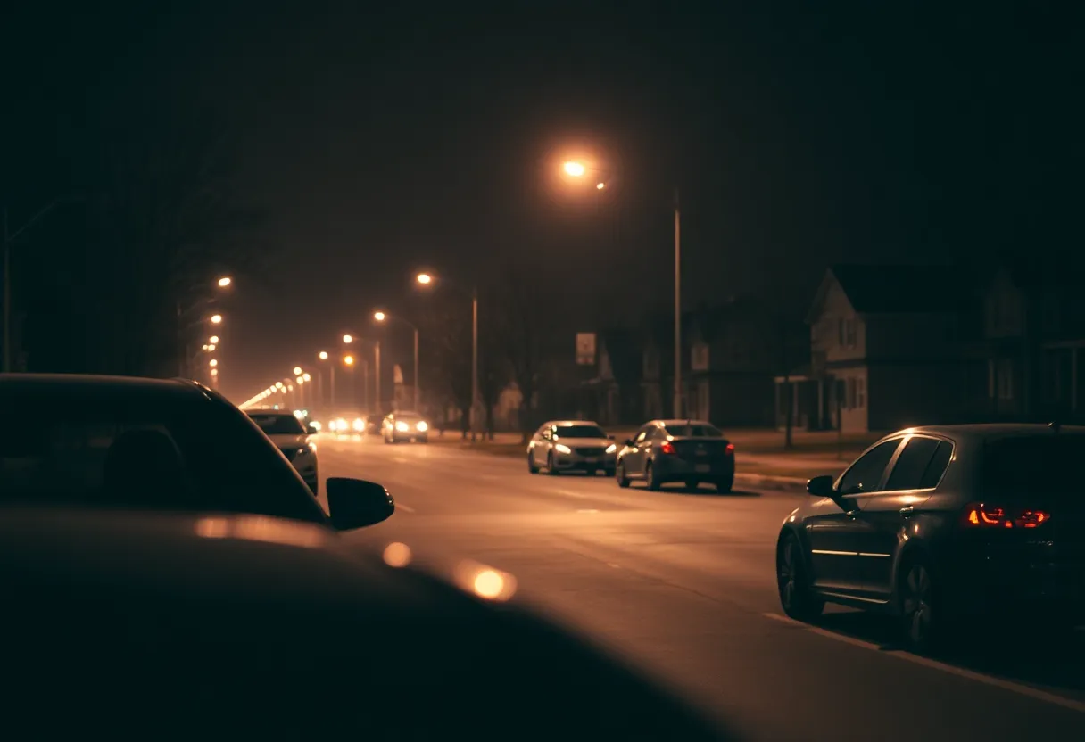 Street scene in Detroit with parked cars at night