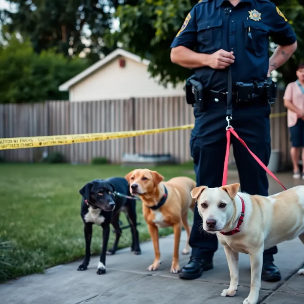 Police officer in a backyard near two dogs and a family looking concerned