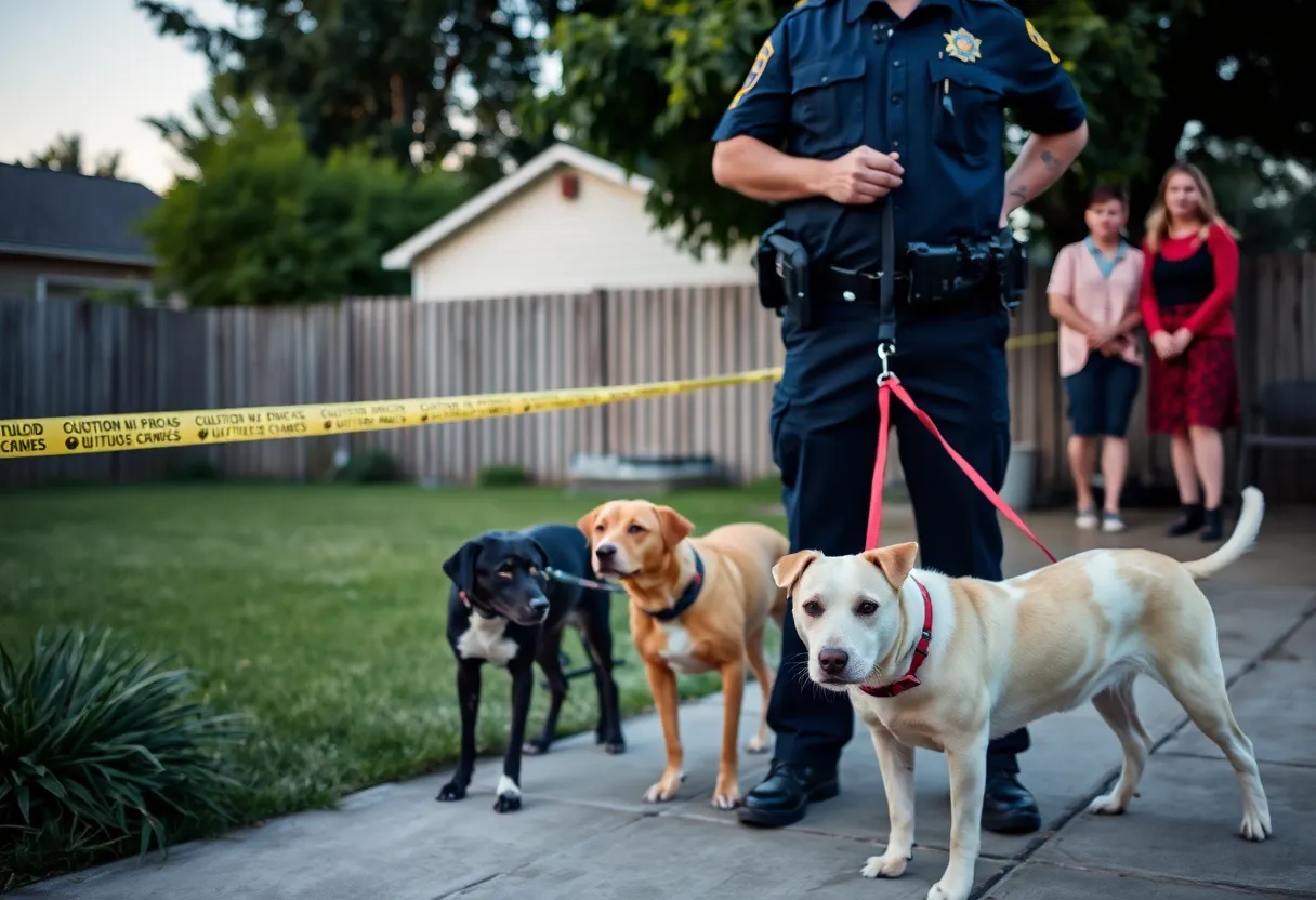 Police officer in a backyard near two dogs and a family looking concerned