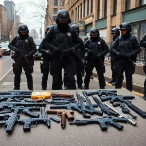 Detroit police officers in tactical gear during a youth violence crackdown operation.
