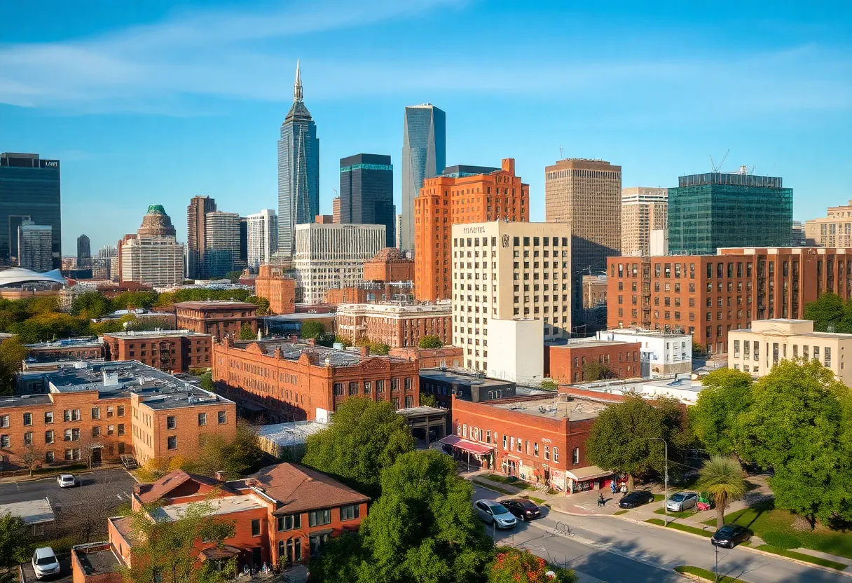 Detroit city landscape with community engagement focusing on public safety and education