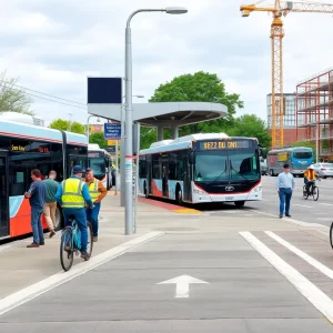 Constructed raised bus platforms in Detroit with passengers boarding buses.