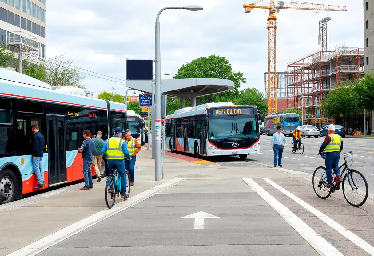 Constructed raised bus platforms in Detroit with passengers boarding buses.