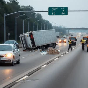 Cleanup operation of a flipped semi-truck in Detroit