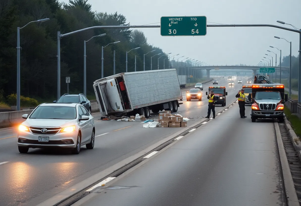 Cleanup operation of a flipped semi-truck in Detroit
