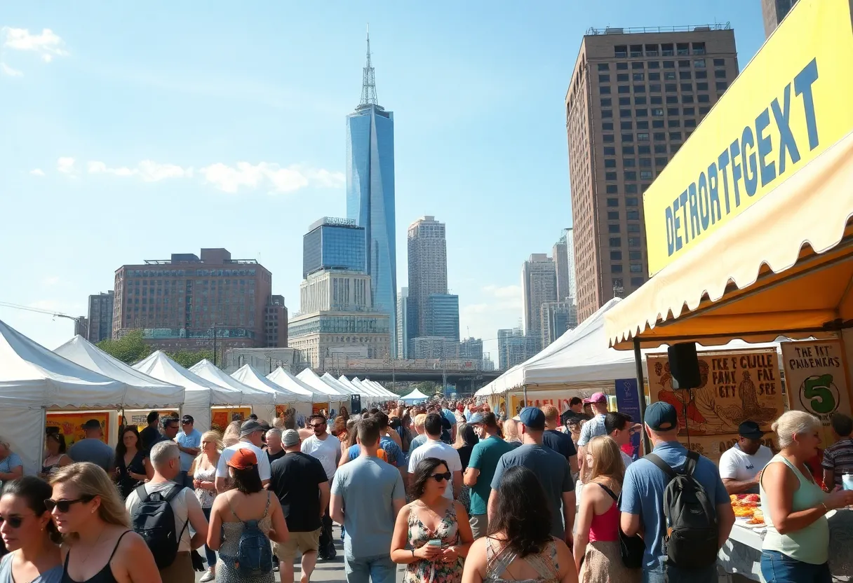 Crowds enjoying a summer festival in Detroit with music, art, and food.