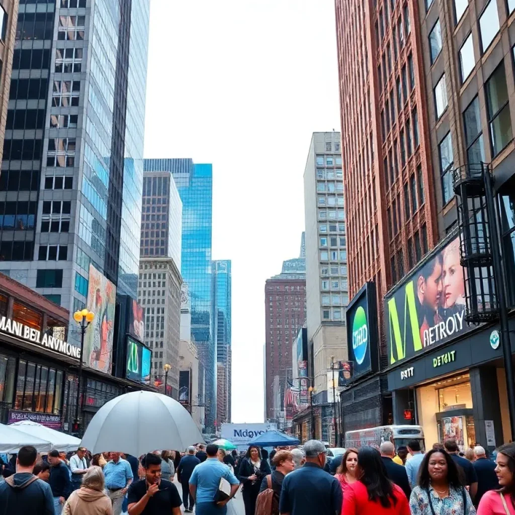 A vibrant urban scene of Detroit illustrating economic growth sectors.