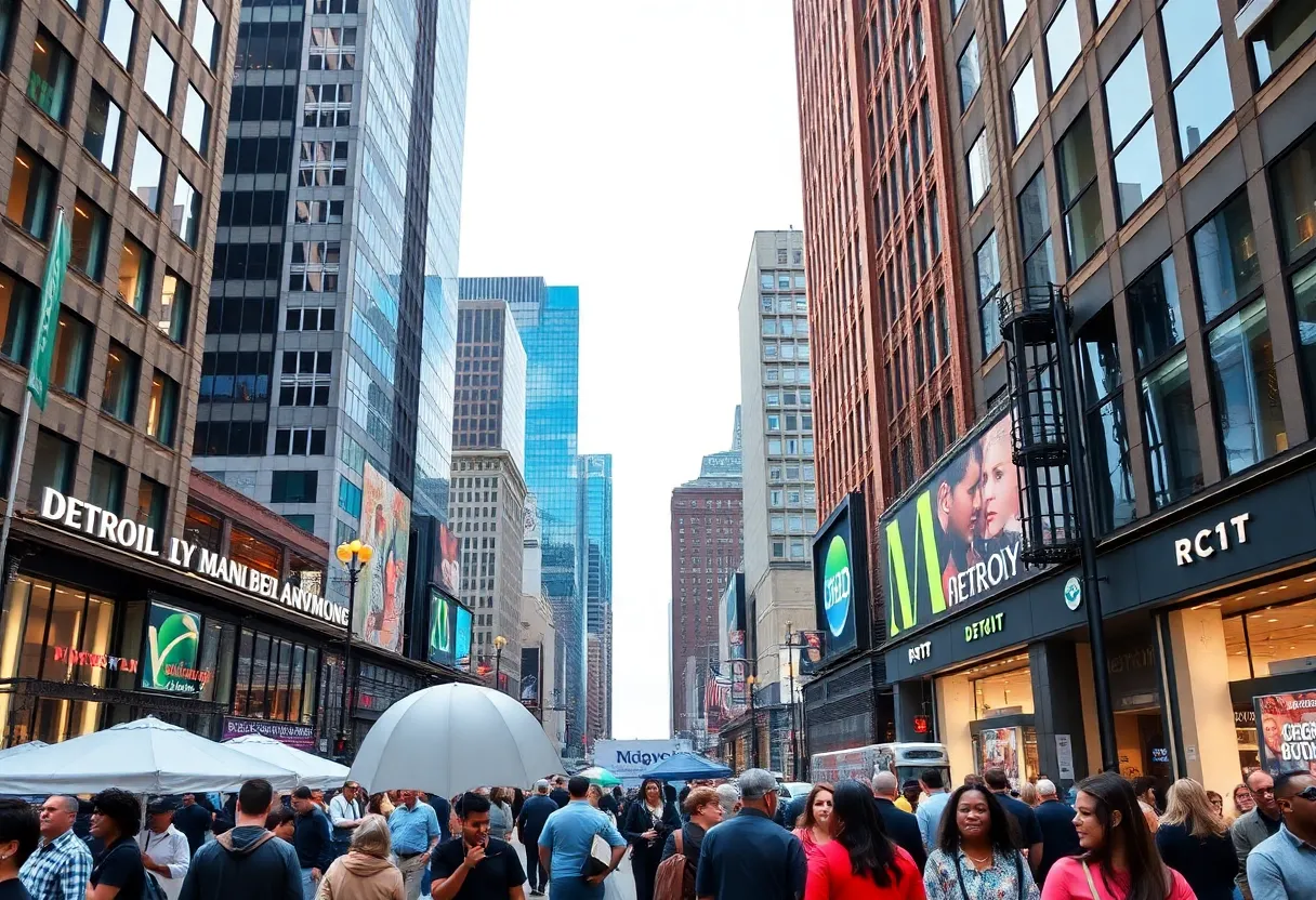 A vibrant urban scene of Detroit illustrating economic growth sectors.