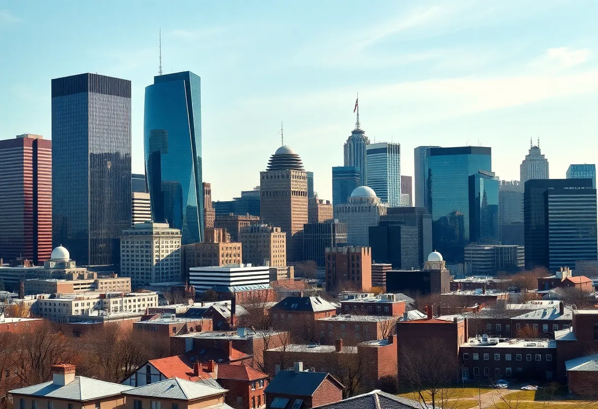 Detroit skyline with skyscrapers and community areas