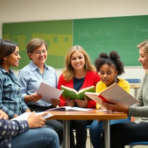 Educators discussing literacy improvement strategies in a classroom