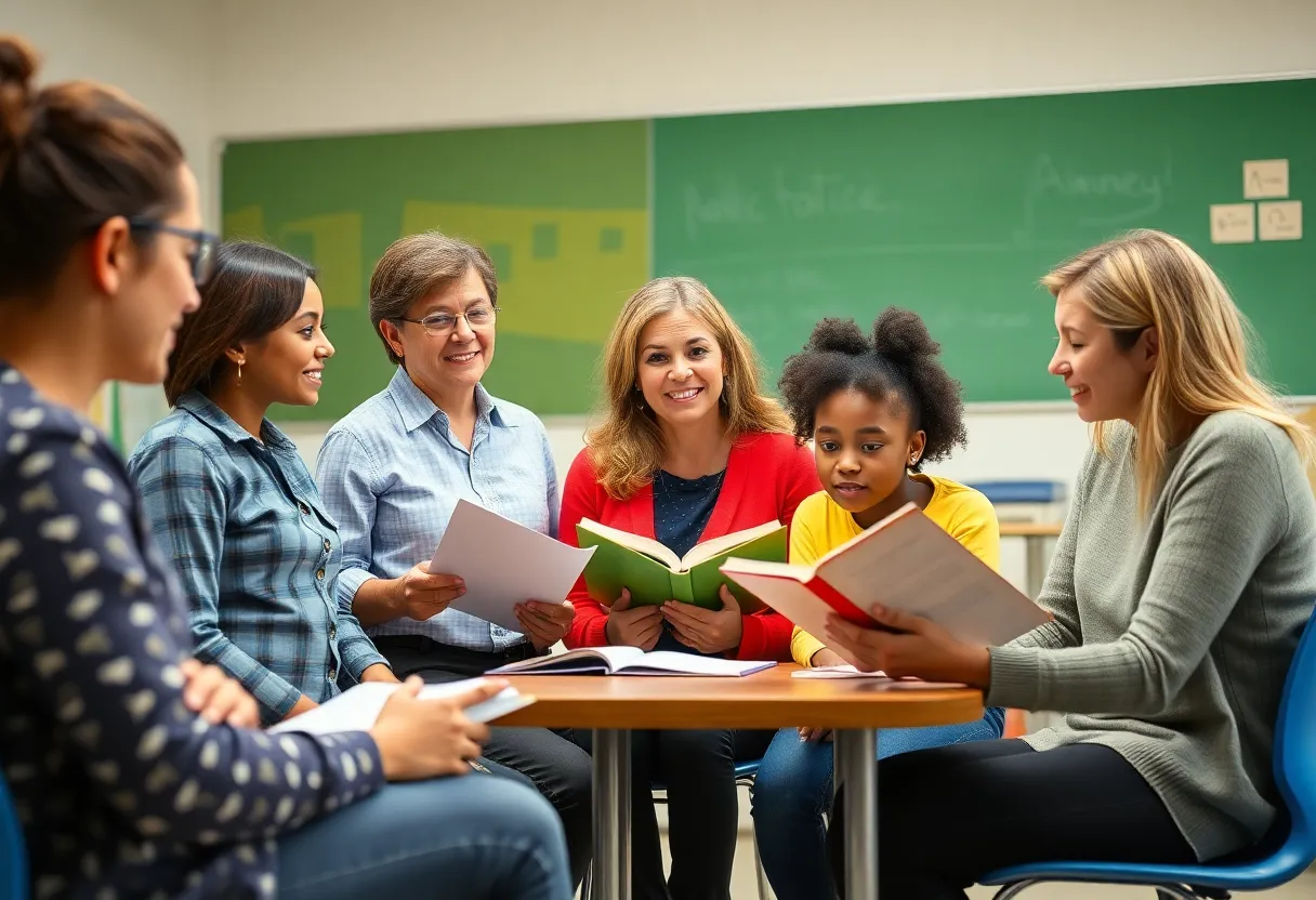 Educators discussing literacy improvement strategies in a classroom