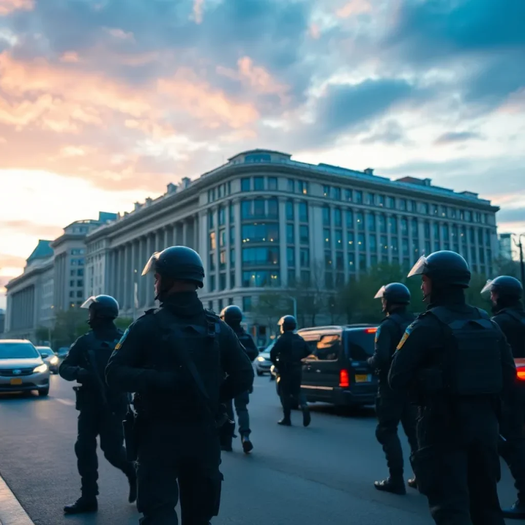 Federal troops on patrol in an urban setting