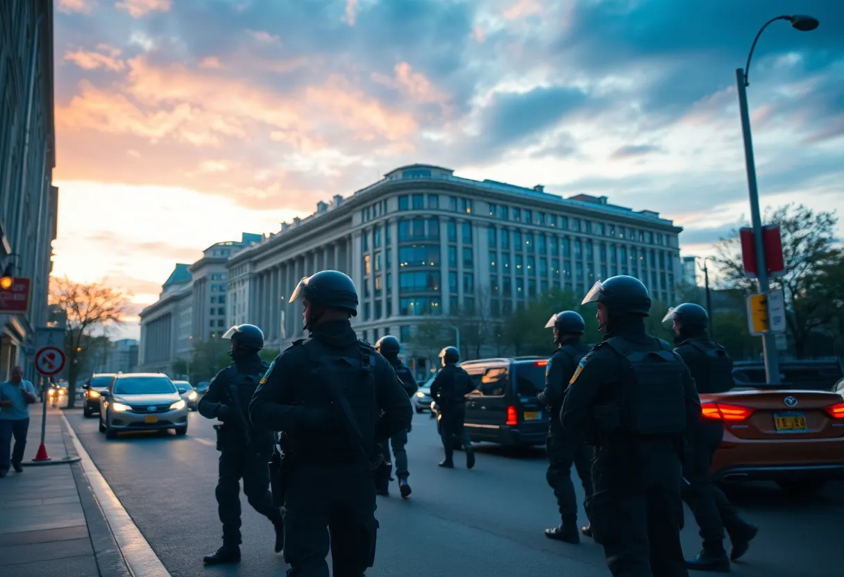 Federal troops on patrol in an urban setting
