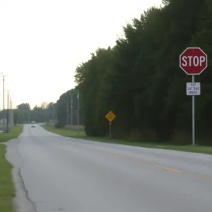 Rural road with a stop sign in Gilford Township, Michigan.
