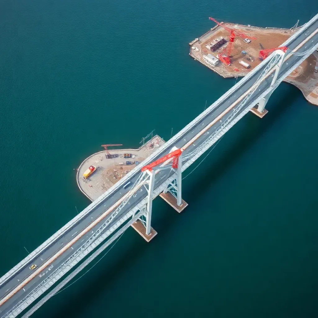 Construction site of the Gordie Howe International Bridge with multiple structures being developed