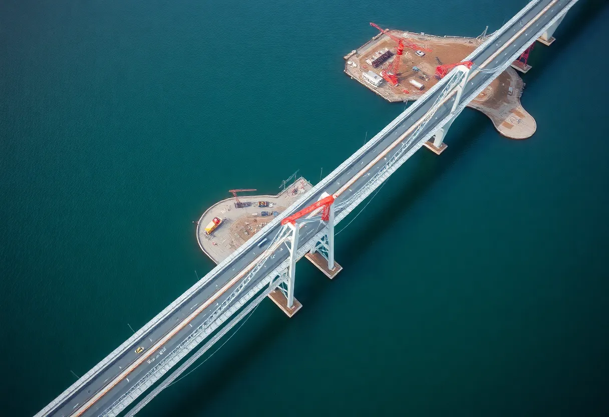 Construction site of the Gordie Howe International Bridge with multiple structures being developed
