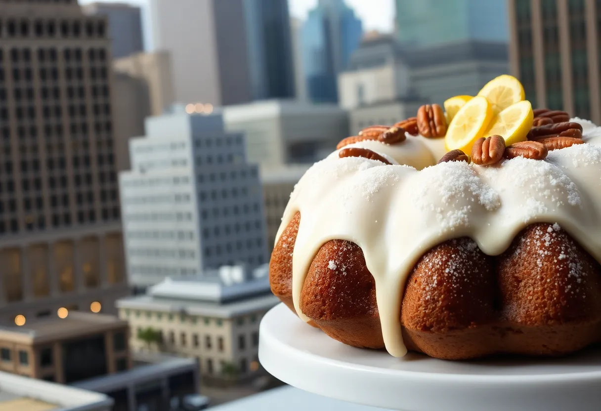 A Grand Marnier Bundt cake adorned with sugared fruit and pecans