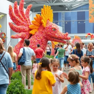 Families celebrating Grandparents Day at a floral art exhibition