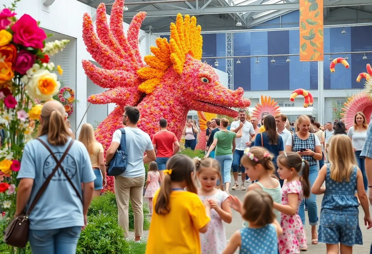 Families celebrating Grandparents Day at a floral art exhibition