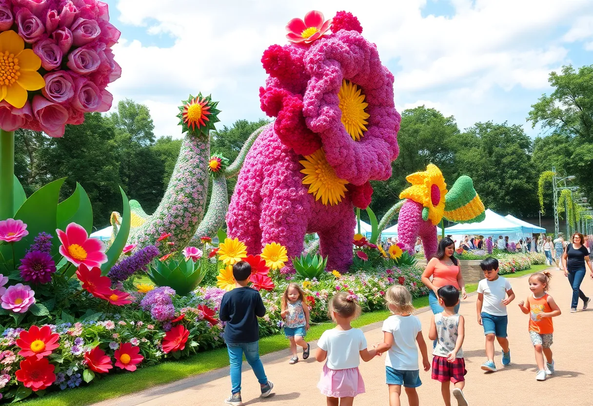Families celebrating Grandparents Day at a vibrant festival with art sculptures