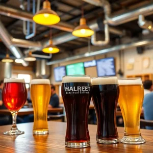 Interior view of Griffin Claw Brewing Company with happy patrons and craft beers