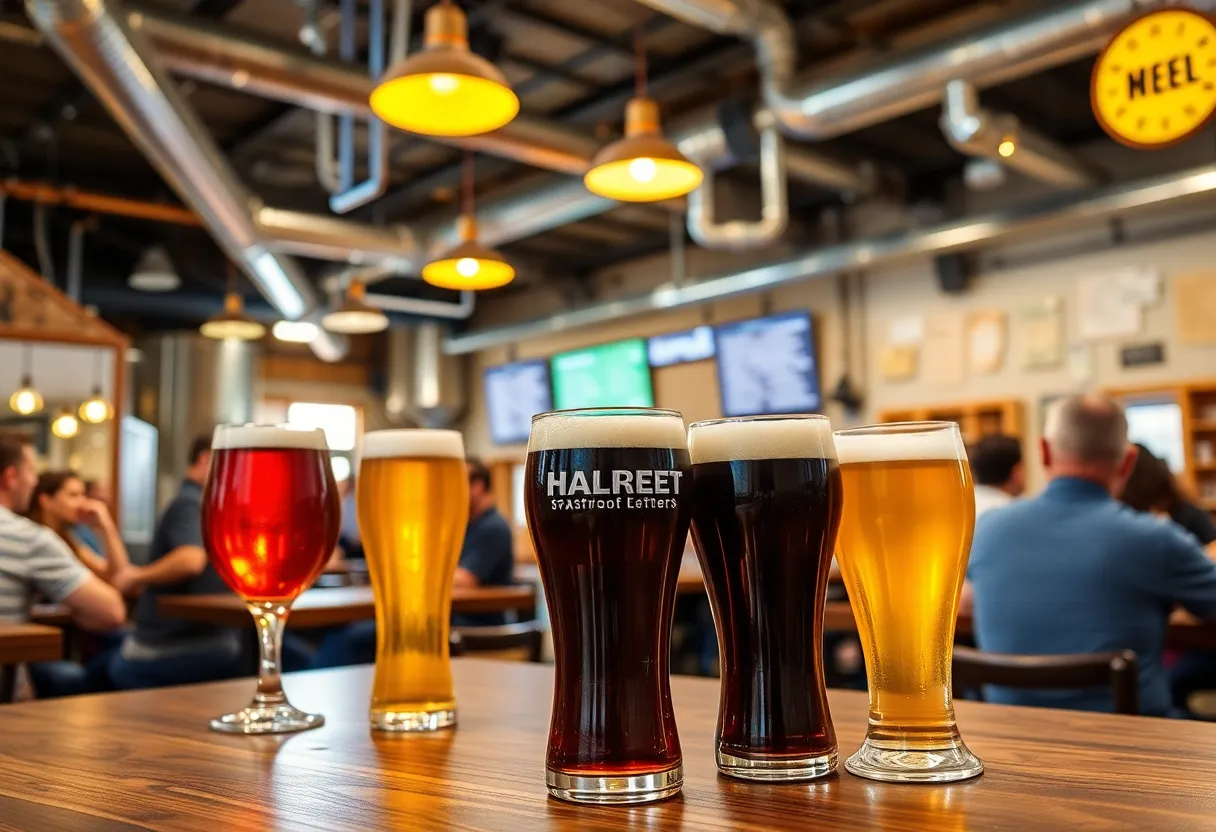Interior view of Griffin Claw Brewing Company with happy patrons and craft beers