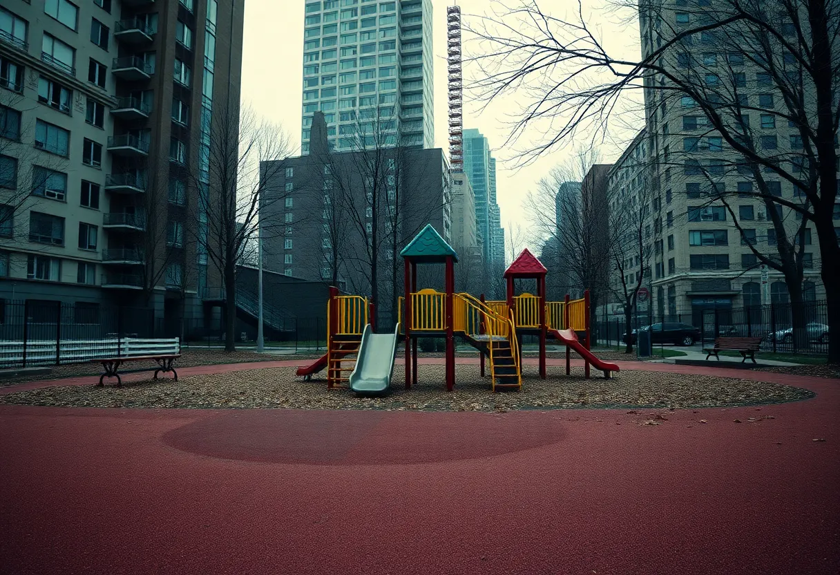 Abstract representation of gun violence in an urban playground setting