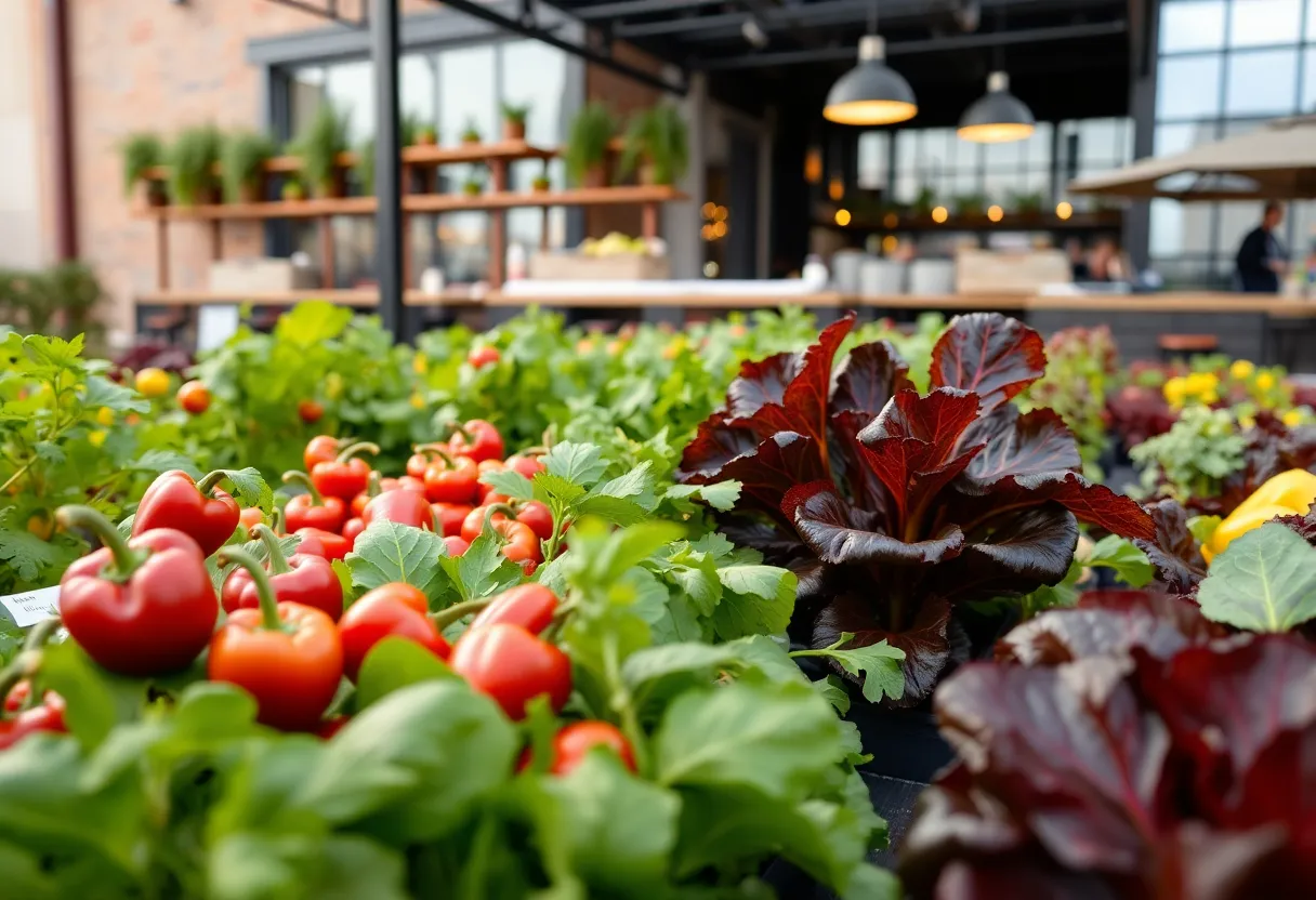 Urban farm in Detroit with vegetables and herbs