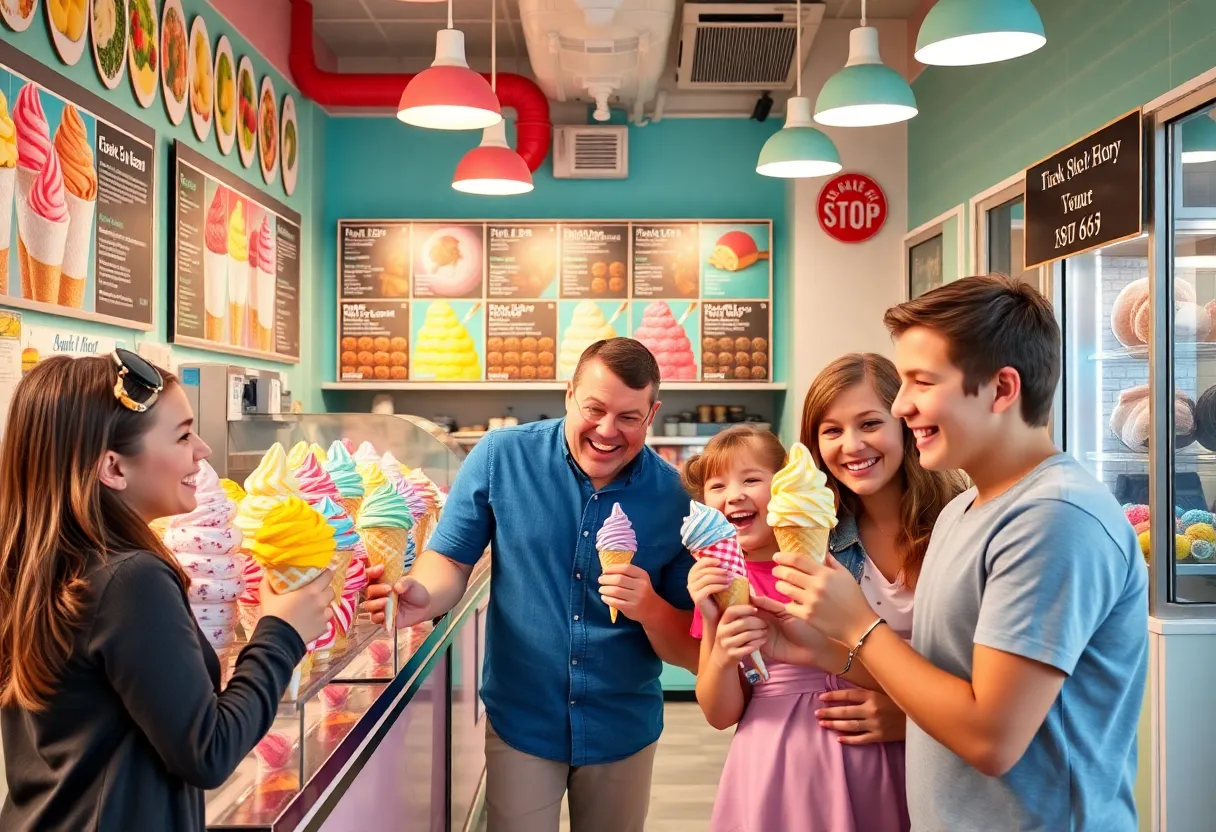 Interior view of Holy Cow! Creamery with colorful ice cream and happy customers
