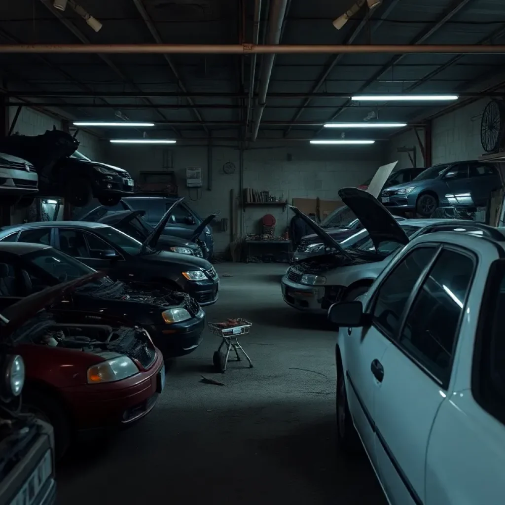 Auto-repair garage with dismantled vehicles